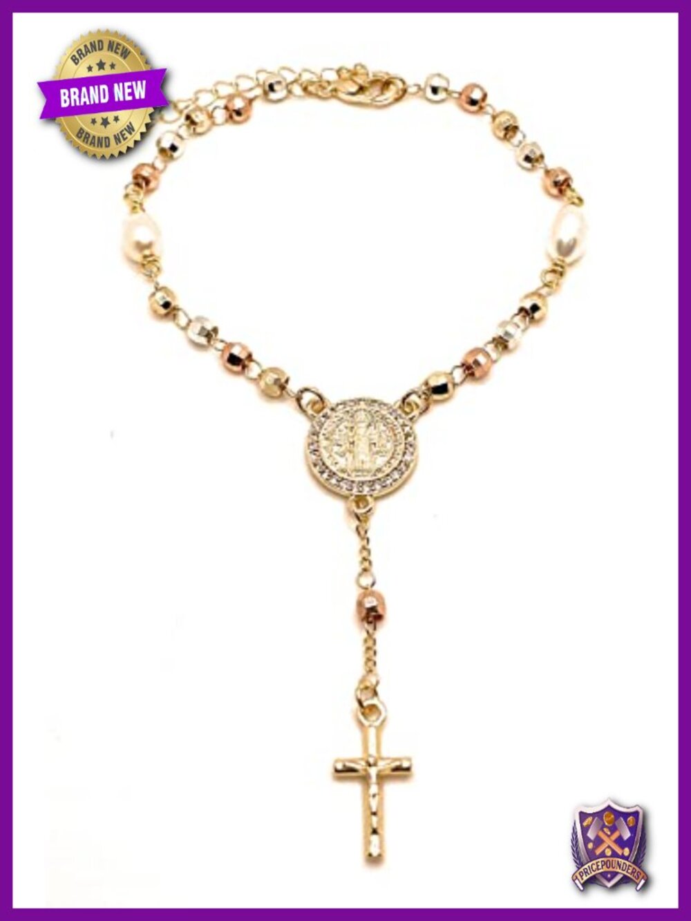Saint Benedict Rosary Bracelet, Gold Plated Charm Bracelet for Women Catholic